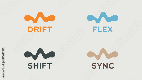 An image displays four distinct logo variations with wave like designs alongside corresponding text labels drift flex shift and sync high quality professional detailed modern elegant