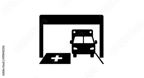 Silhouette icon of an emergency ambulance departing a medical bay or garage, symbolizing critical rapid response and essential healthcare services