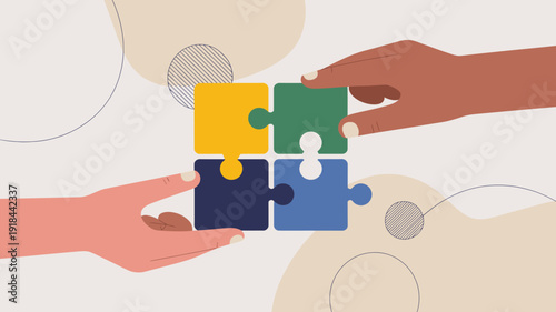 Diverse hands collaboratively connect four puzzle pieces in shades of yellow blue and green representing unity and teamwork high quality professional detailed modern elegant stylish clean
