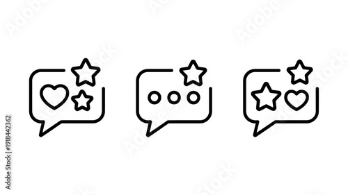 A minimalistic illustration shows three outlined speech bubbles each containing different icon arrangements of stars and hearts high quality professional detailed modern elegant stylish clean crisp