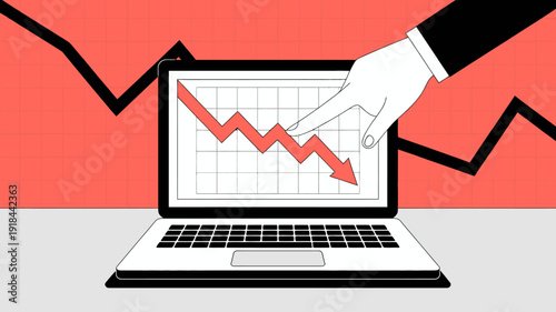 A hand points to a declining graph displayed on a laptop screen symbolizing a market downturn or financial loss high quality professional detailed modern elegant stylish