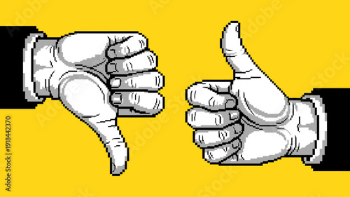 A contrasting pair of hands displays opposing sentiments one giving a thumbs up the other a thumbs down against a vibrant yellow background high quality professional