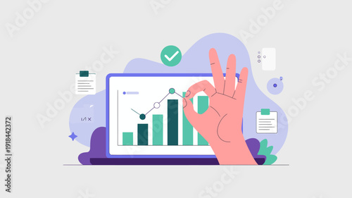 A digital illustration depicts a hand making an okay gesture over a laptop displaying a growth chart symbolizing success and positive results high quality professional detailed