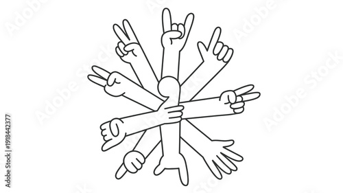 A radial arrangement of multiple hands displaying various hand gestures including peace signs rock on signs and thumbs up high quality professional detailed modern elegant stylish
