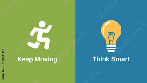 A split screen graphic depicts motivation and intelligence a running figure on the left and a lightbulb on the right high quality professional detailed modern elegant