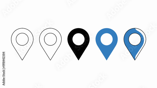 A series of five location pin icons are displayed varying in color and fill against a plain white background high quality professional detailed modern elegant stylish