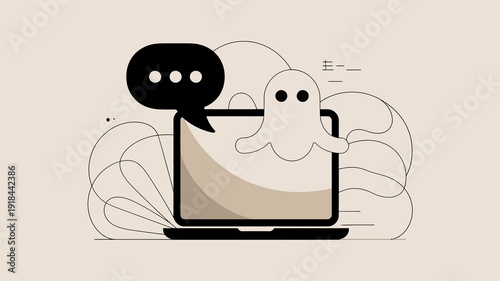 A minimalist illustration depicts a ghost emerging from a laptop screen with a speech bubble symbolizing digital communication high quality professional detailed modern elegant stylish clean