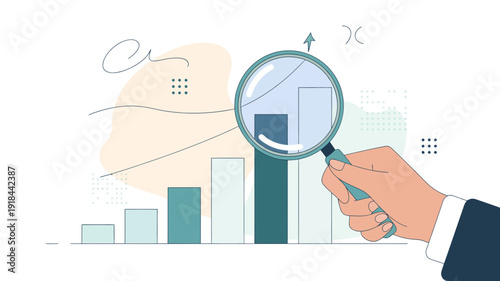An illustration depicts a hand holding a magnifying glass over a data chart with rising bars symbolizing analysis and growth high quality professional detailed modern elegant