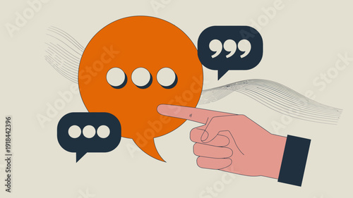An illustration depicts a hand pointing towards an orange speech bubble with ellipsis conveying the concept of communication or discussion high quality professional detailed modern elegant