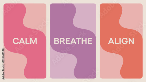A minimalist graphic features three vertically arranged panels with abstract shapes and positive affirmations calm breathe and align high quality professional detailed modern elegant stylish clean
