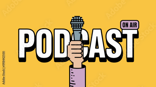 A colorful illustration depicts the word podcast with a vintage microphone suggesting audio content creation and broadcasting high quality professional detailed modern elegant stylish clean crisp