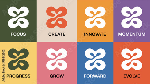 A grid of eight squares displays abstract white shapes paired with inspirational words on vibrant solid color backgrounds high quality professional detailed modern elegant stylish clean