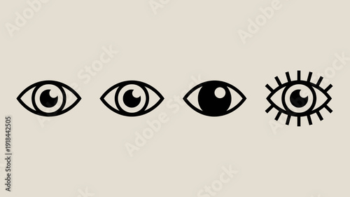 A minimalistic graphic displays four distinct eye icons in black silhouettes against a pale neutral beige background high quality professional detailed modern elegant stylish clean crisp