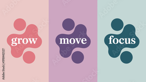 A minimalist design features three vertical panels with abstract shapes and motivational words grow move and focus high quality professional detailed modern elegant stylish clean crisp