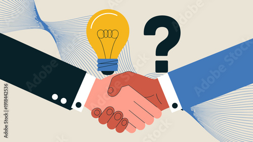 An illustration depicts a handshake between two hands one light skinned and one dark skinned with a lightbulb held within the grasp high quality professional detailed