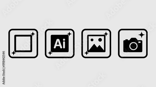 A series of four black square icons are displayed each containing a distinct white symbol representing different features high quality professional detailed modern elegant stylish clean