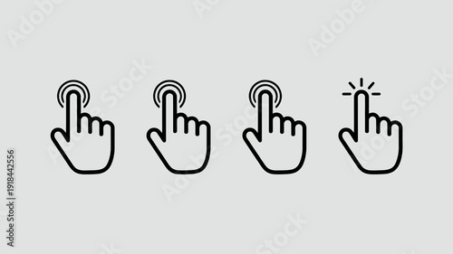 A series of four simple black and white icons depicting a human hand with an extended index finger illustrating various interaction states high quality professional detailed