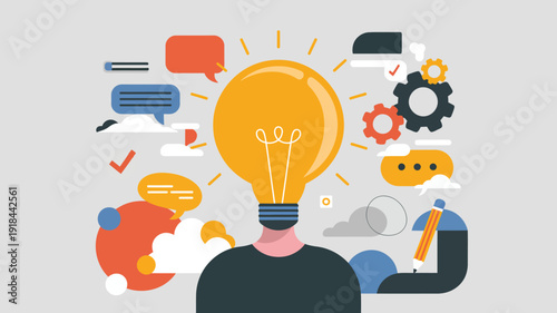 A colorful illustration depicts a person with a glowing lightbulb for a head surrounded by symbols of ideas and innovation high quality professional detailed modern elegant