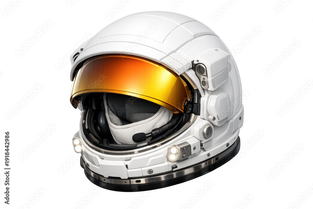 Fototapeta premium Astronaut helmet with golden visor for space exploration on transparent background