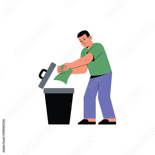Man tosses rubbish into a black trash can with a lid.