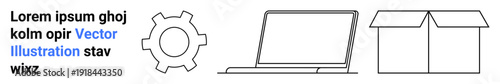 Gear, laptop, and open box signifying collaboration, technology, innovation, organization, development, product delivery. Ideal for business system design workflow simple landing page