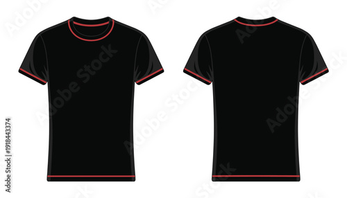 Black t shirt mockup template front and back view vector illustration with red trim for clothing brand design