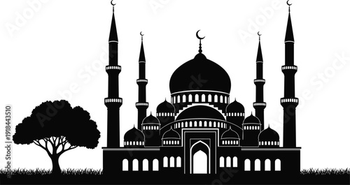 Islamic mosque silhouette vector illustration featuring traditional dome and minarets with a tree and grass for religious concepts.
