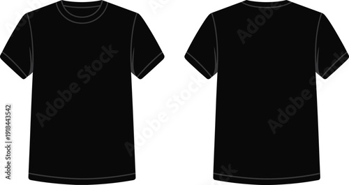 Plain black t shirt mockup template front and back view vector illustration of blank apparel for clothing design