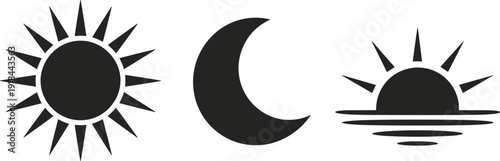 Sun moon and sunrise silhouette collection black and white vector illustration of celestial weather icons for nature designs