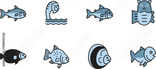 Diverse fish species icons set with various sea creatures and aquatic animal silhouettes isolated on white background.