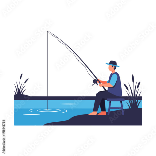 Minimalist flat illustration of a person fishing by a lake at sunset, demonstrating outdoor relaxation and peaceful hobby concept