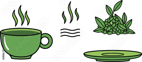 Green tea and herbal beverage set with steaming cup, tea leaves, saucer and aroma symbols on white background.
