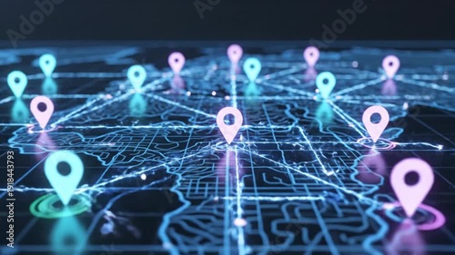 Cinematic slow motion footage of luminous digital location pins connected across a global map interface, depicting navigation technology and network connectivity in 4K resolution