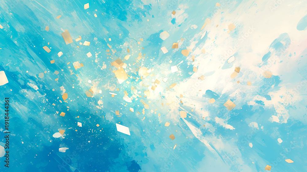 Obraz premium 抽象的な明るいブルーの背景に舞う白と金色の紙吹雪のようなイラスト