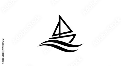 Minimalist black sailboat icon on white background, sailing boat graphic