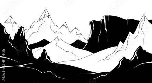 Monochromatic Mountain Landscape Illustration: Jagged Peaks, Snowy Slopes, and Dramatic Cliffs