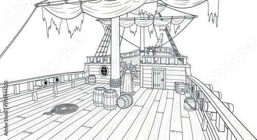 Pirate Ship Deck Outline Illustration - Wooden Planks, Barrels and Rigging