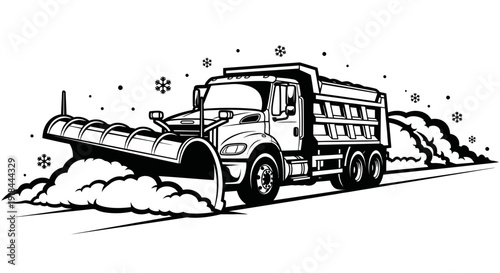 Snow Plow Truck Clearing Road in Winter Storm, Vector Illustration