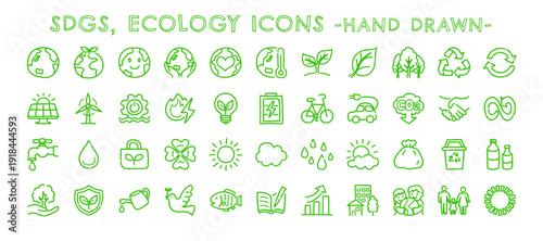 手書き風 SDGs・環境エコアイコンセット（グリーン線画） / Hand Drawn Green Ecology and SDGs Icon Set