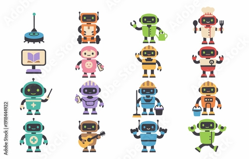 Robot set. Robot assistants, 16 vector, isolated machine icons.