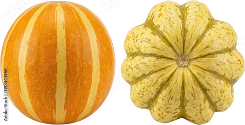 A smooth orange and yellow striped melon sits next to a ribbed green and yellow speckled squash showcasing their distinct textures and shapes pumpkin gourd transparent background