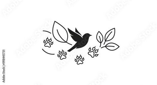 Black bird flying with leaves and paw prints on white background