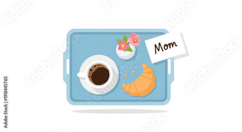 Breakfast tray with coffee croissant and flowers for mom