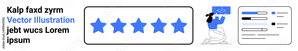 Obraz premium User feedback, web development, client reviews, rating systems, software design, data visualization. Star rating and coding interface. User feedback and web development concept