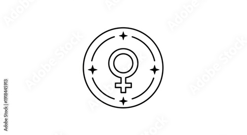 Female symbol within concentric circles and stars on white background