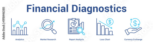 Financial Diagnostics web banner icon set vector illustration concept for business with icon of Analytics, Market Research, Report Analysis, Loss Cha.
