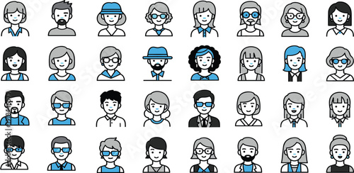 Diverse group of people icons in various styles and attire depicted in a grid layout