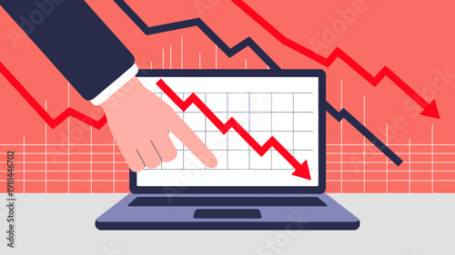 A hand points to a declining stock chart displayed on a laptop screen symbolizing market downturn and financial losses high quality professional detailed modern elegant stylish