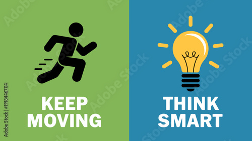 A split screen graphic depicts a running figure on the left and a glowing lightbulb on the right paired with motivational text high quality professional detailed