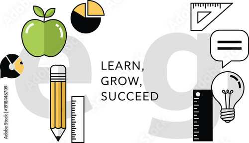 Educational graphics with stationery and motivational quote on a clean background, promoting learning and achievement from a straightforward viewpoint